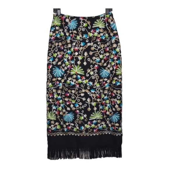 Intriging Threads Boho Embroidered Fringe Maxi Pencil Skirt SZ 4 - Picture 1 of 7
